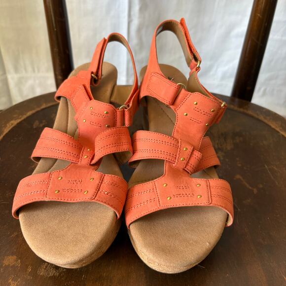 NEW CLARKS Annadel Orchid Wedge Cork Platform Sandals Womens Size 11 Coral - Picture 2 of 6